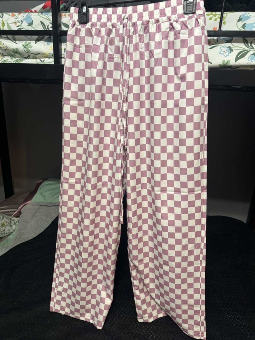 SHEIN Pink and White Checkerboard Straight Leg Pants - Drawstring Waist